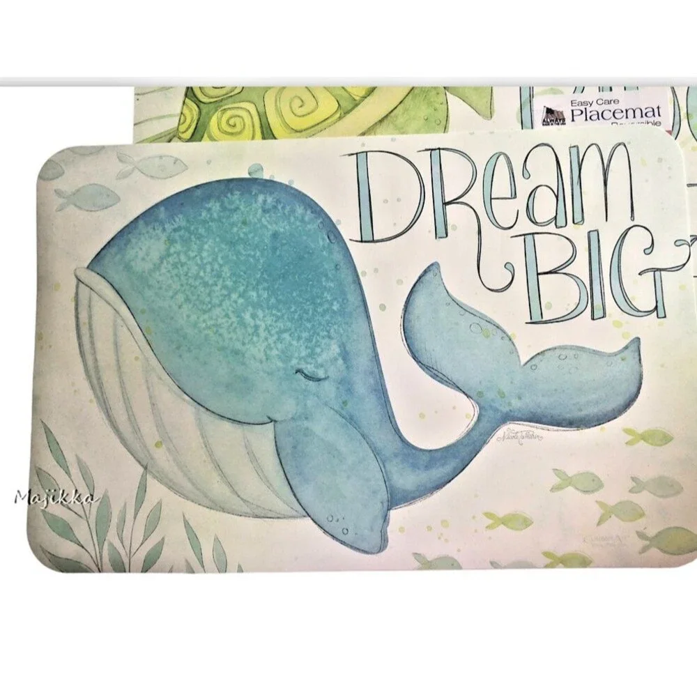 CounterArt Whale Turtle Vinyl Placemats Set of 4 Summer Kids Double Sided
